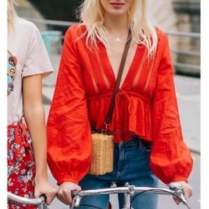 𝅺free PEOPLE oberoi red deep v neck boho blouse